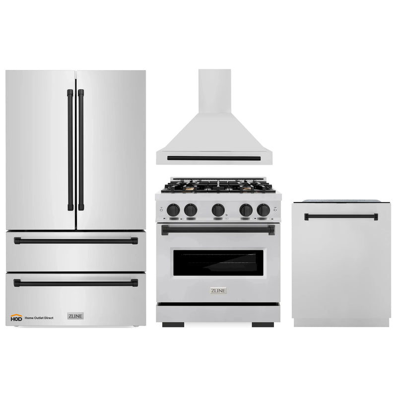 ZLINE 4-Piece Appliance Package - 30-Inch Gas Range, Hood, Refrigerator, and Dishwasher in Stainless Steel with Matte Black Accents