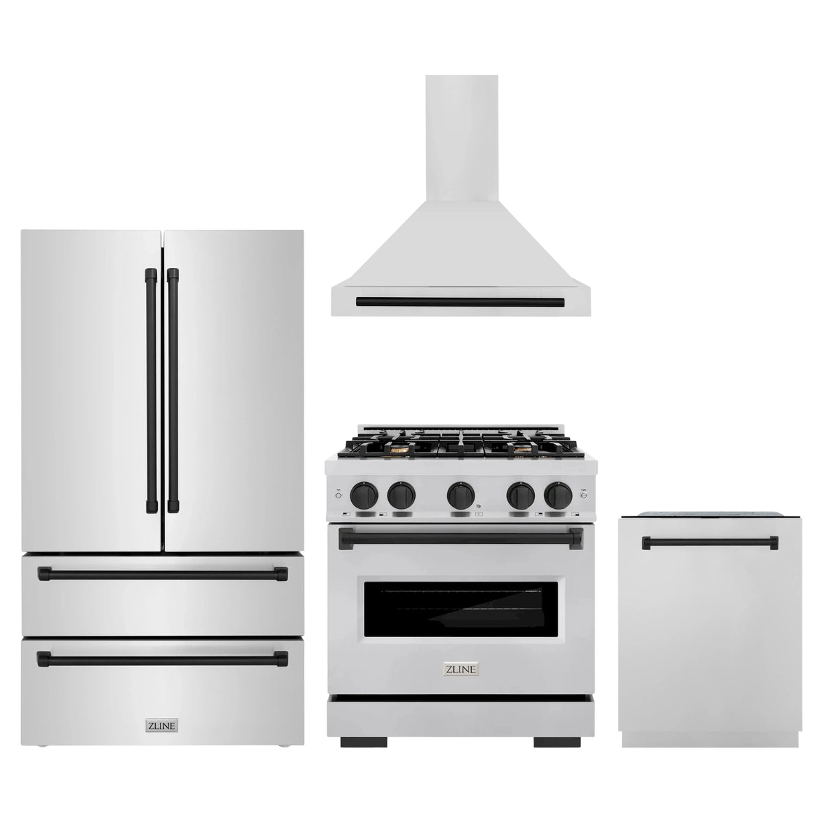 ZLINE 4-Piece Appliance Package - 30-Inch Gas Range, Hood, Refrigerator, and Dishwasher in Stainless Steel with Matte Black Accents