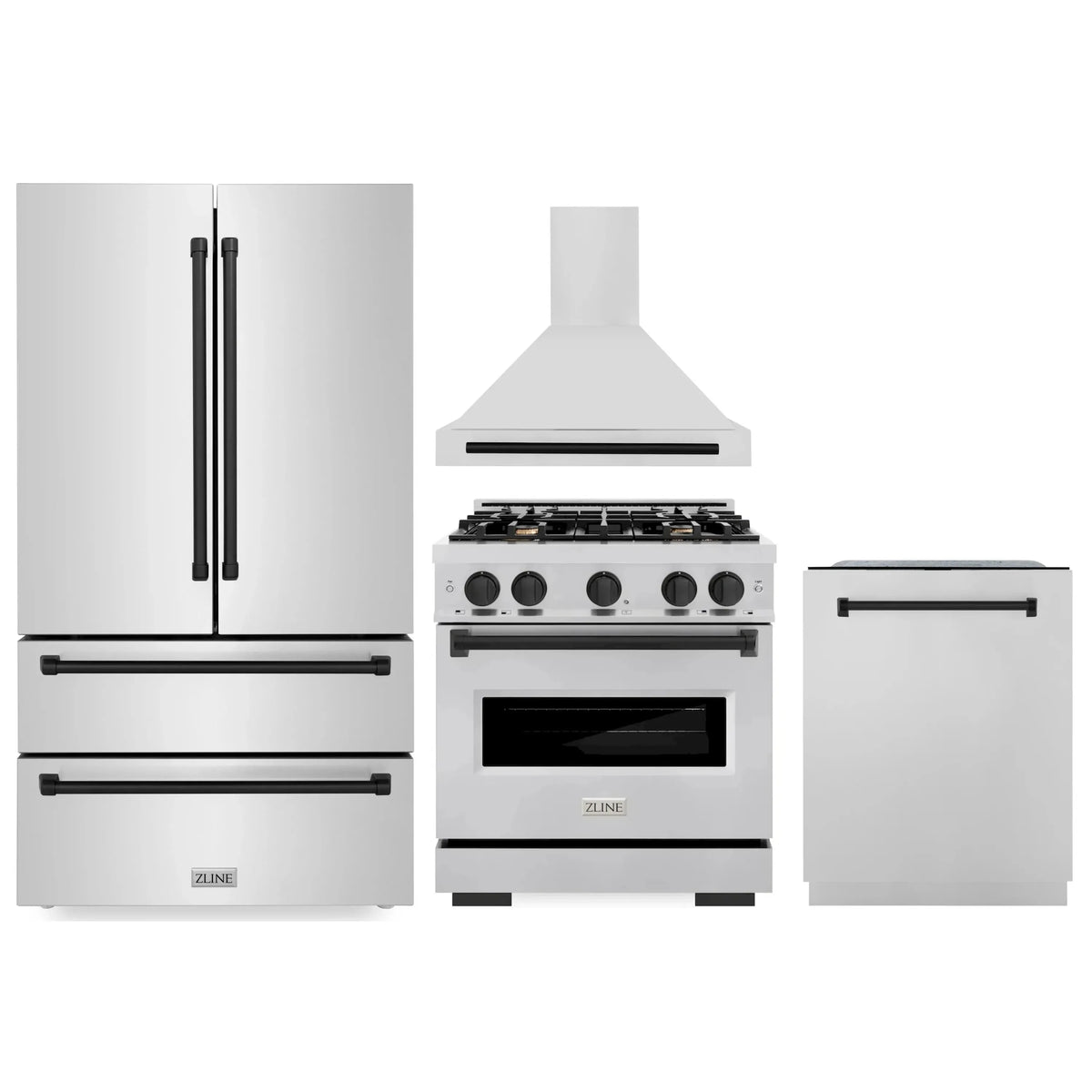 ZLINE 4-Piece Appliance Package - 30-Inch Gas Range, Hood, Refrigerator, and Dishwasher in Stainless Steel with Matte Black Accents