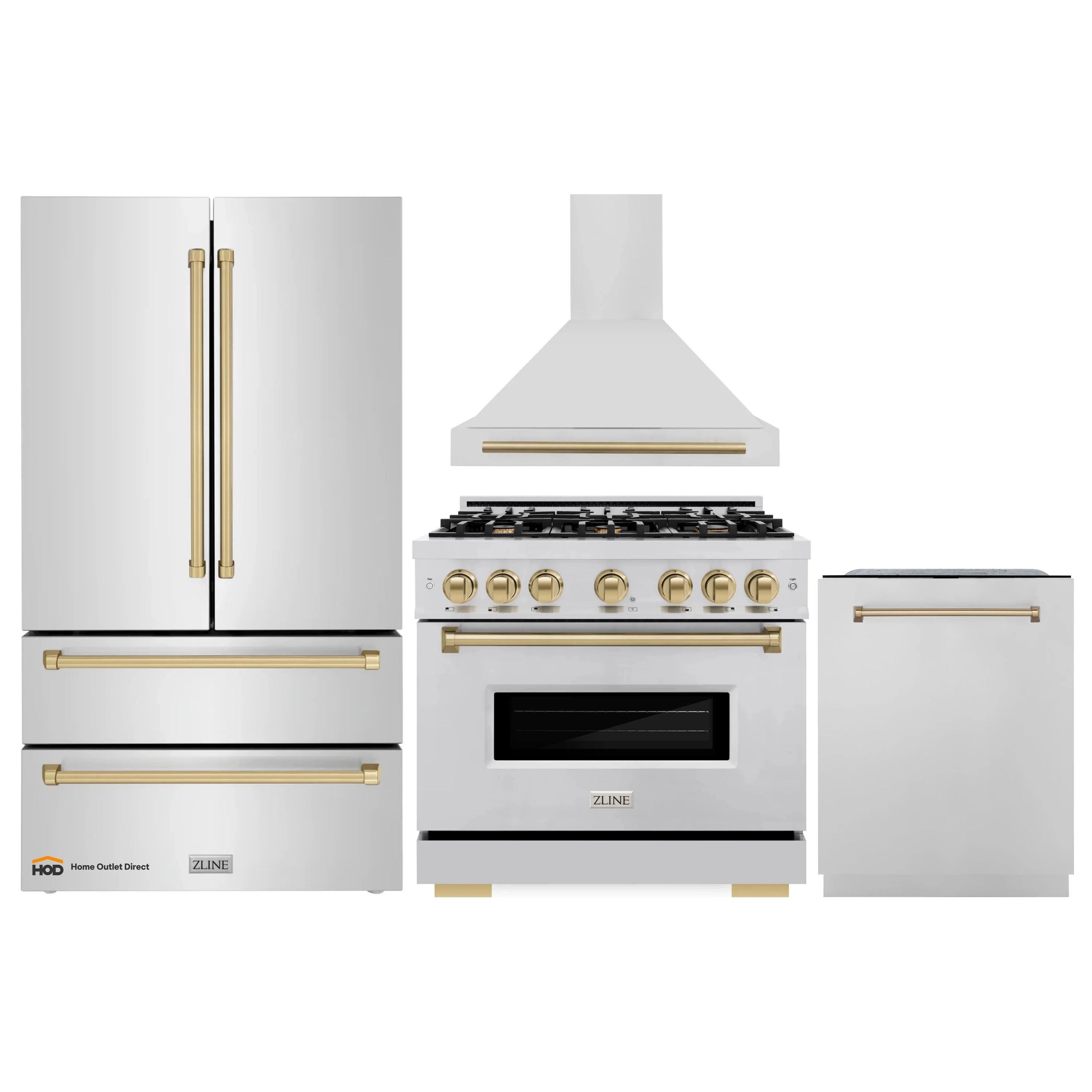 Stainless kitchen appliance set with hood, gas range, refrigerator, and dishwasher
