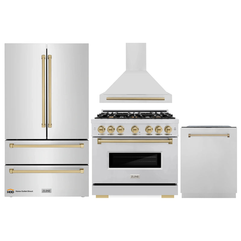 ZLINE 4-Piece Appliance Package - 36-Inch Gas Range, Hood, Refrigerator, and Dishwasher in Stainless Steel with Champagne Bronze Accents