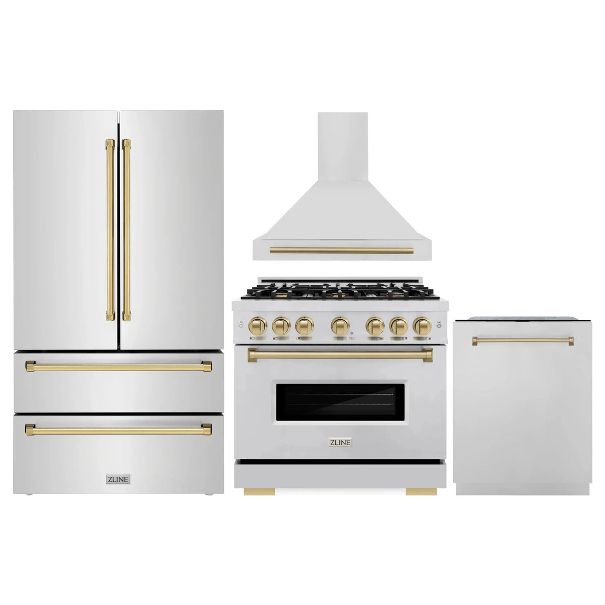 ZLINE 4-Piece Appliance Package - 36-Inch Gas Range, Hood, Refrigerator, and Dishwasher in Stainless Steel with Champagne Bronze Accents