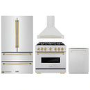 ZLINE 4-Piece Appliance Package - 36-Inch Gas Range, Hood, Refrigerator, and Dishwasher in Stainless Steel with Gold Accents