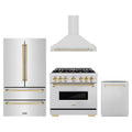 ZLINE 4-Piece Appliance Package - 36-Inch Gas Range, Hood, Refrigerator, and Dishwasher in Stainless Steel with Gold Accents