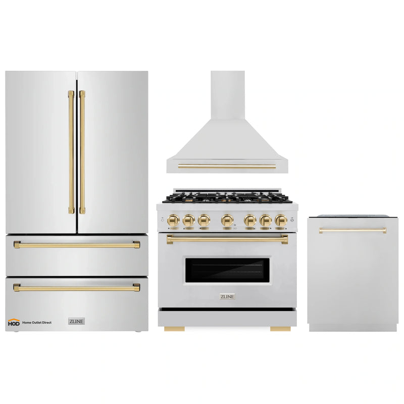 ZLINE 4-Piece Appliance Package - 36-Inch Gas Range, Hood, Refrigerator, and Dishwasher in Stainless Steel with Gold Accents
