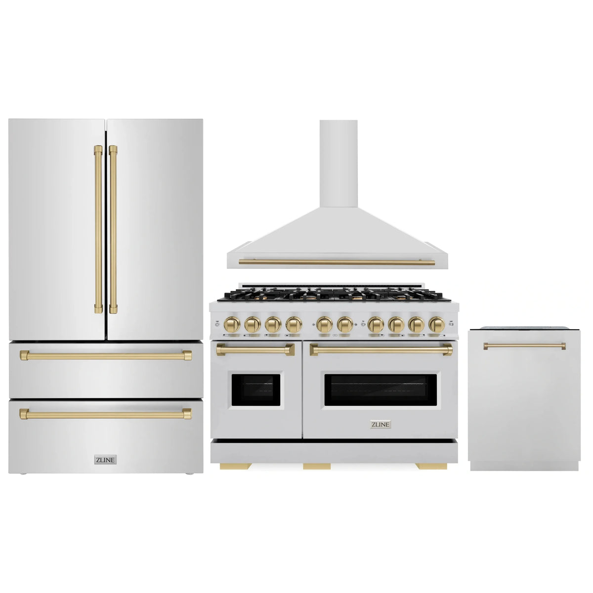 ZLINE kitchen appliance set with gas range, refrigerator, and dishwasher in stainless