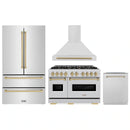 ZLINE 4-Piece Appliance Package - 48-Inch Gas Range, Hood, Refrigerator, and Dishwasher in Stainless Steel with Champagne Bronze Accents