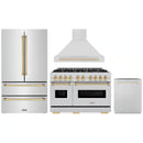ZLINE 4-Piece Appliance Package - 48-Inch Gas Range, Hood, Refrigerator, and Dishwasher in Stainless Steel with Gold Accents