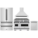 ZLINE 4-Piece Appliance Package - 48-Inch Gas Range, Hood, Refrigerator, and Dishwasher in Stainless Steel with Matte Black Accents