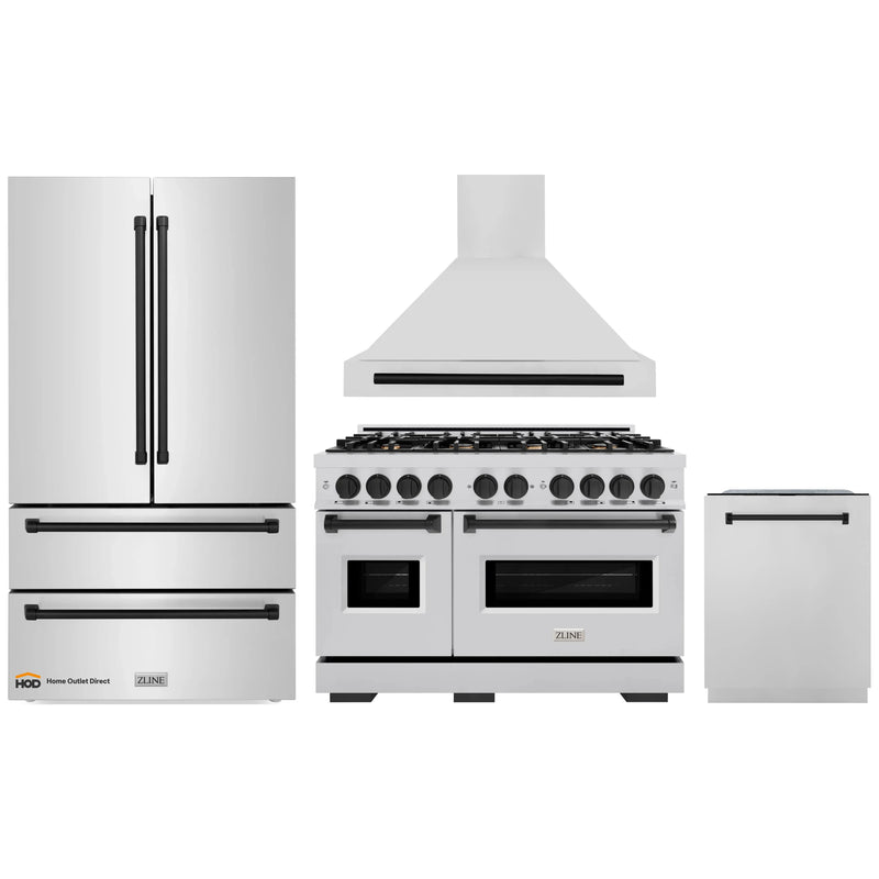 ZLINE 4-Piece Appliance Package - 48-Inch Gas Range, Hood, Refrigerator, and Dishwasher in Stainless Steel with Matte Black Accents