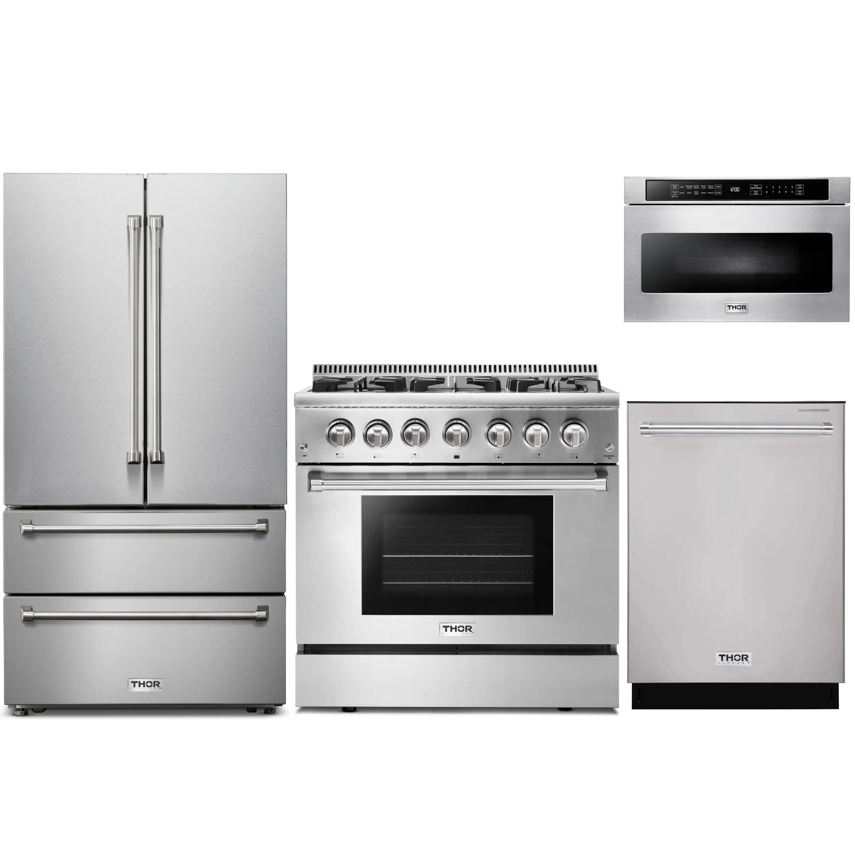 Stainless steel appliance package featuring refrigerator, dual fuel range, and dishwasher