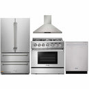 Thor Kitchen 4-Piece Pro Appliance Package - 36-Inch Dual Fuel Range with Propane Gas Cooktop , French Door Refrigerator, Wall Mount Hood and Dishwasher in Stainless Steel