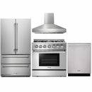Thor Kitchen 4-Piece Pro Appliance Package - 36-Inch Dual Fuel Range with Propane Gas Cooktop , French Door Refrigerator, Pro-Style Wall Mount Hood and Dishwasher in Stainless Steel