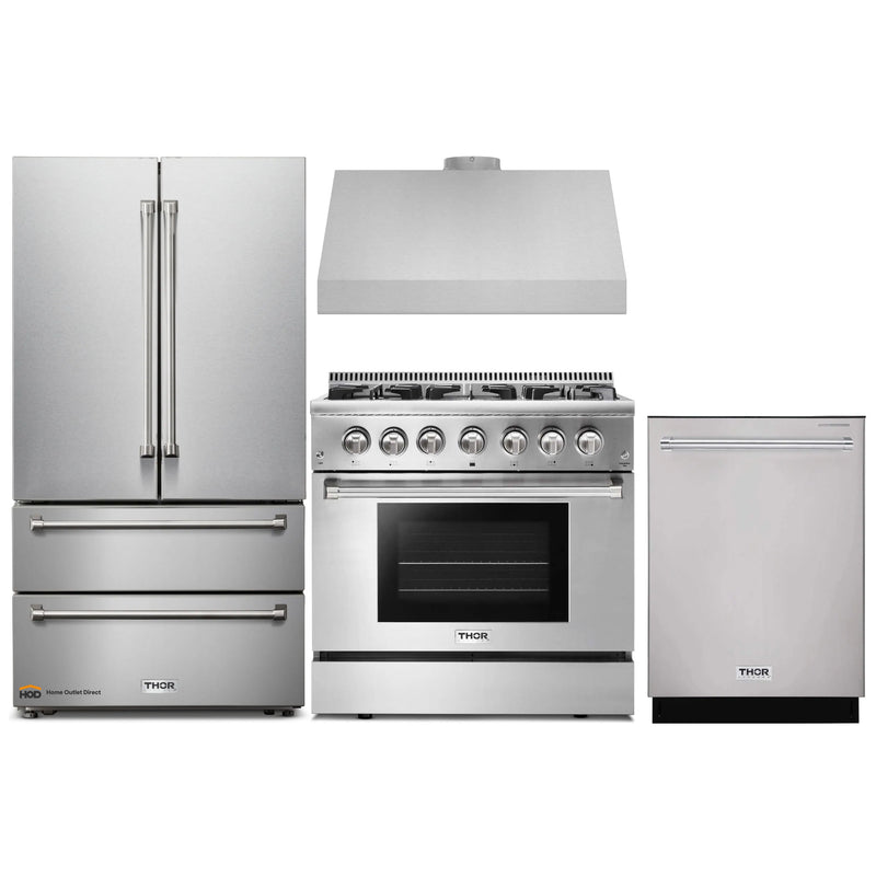 Thor Kitchen 4-Piece Pro Appliance Package - 36-Inch Dual Fuel Range, French Door Refrigerator, Under Cabinet Hood and Dishwasher in Stainless Steel