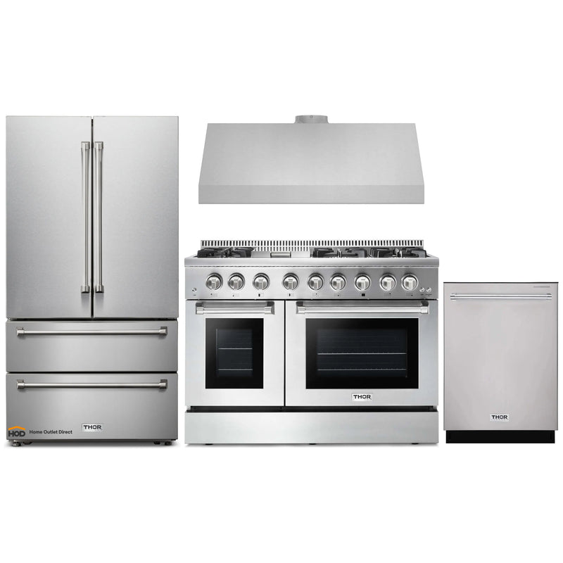 Thor Kitchen 4-Piece Pro Appliance Package - 48-Inch Dual Fuel Range with Propane Gas Cooktop , French Door Refrigerator, Dishwasher & Under Cabinet 11-Inch Tall Hood in Stainless Steel