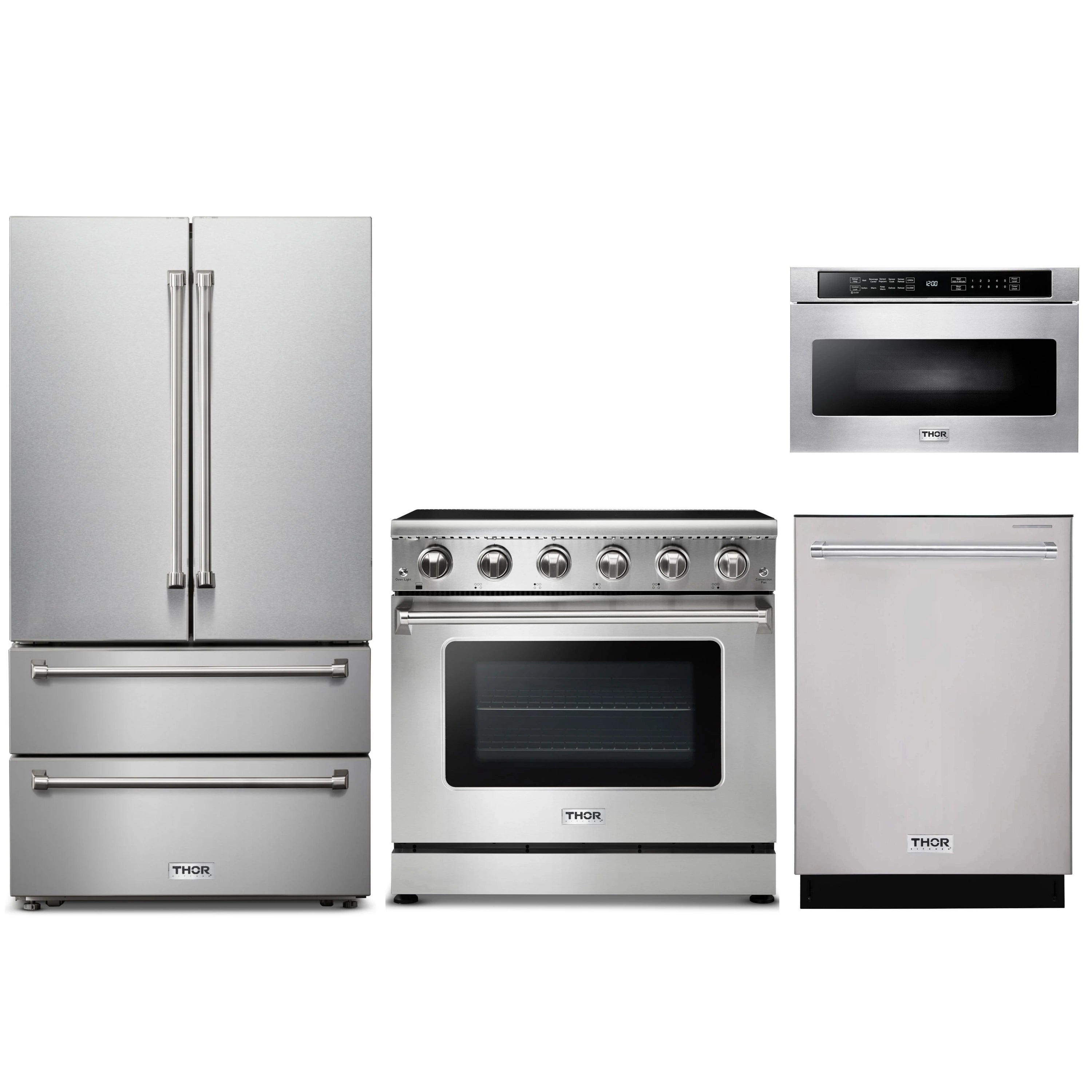 Stainless steel appliance set: refrigerator, electric range, and dishwasher, all Thor