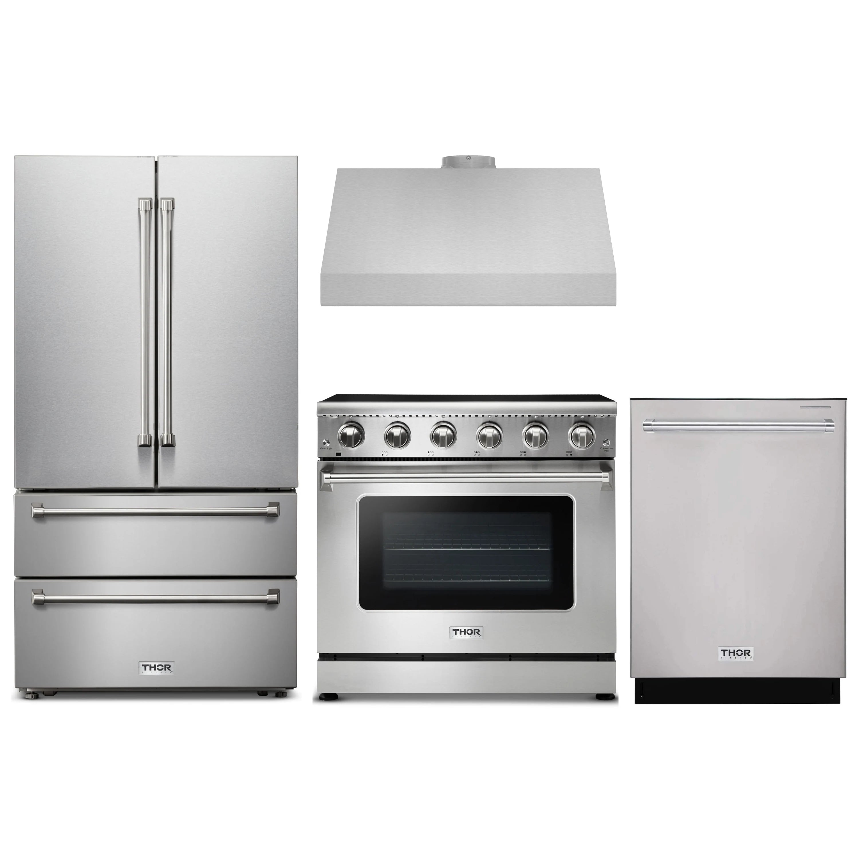 Stainless steel appliance package showing refrigerator, range, dishwasher, and hood