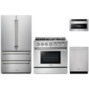 Thor Kitchen 4-Piece Pro Appliance Package - 36-Inch Propane Gas Range, French Door Refrigerator, Dishwasher, and Microwave Drawer in Stainless Steel