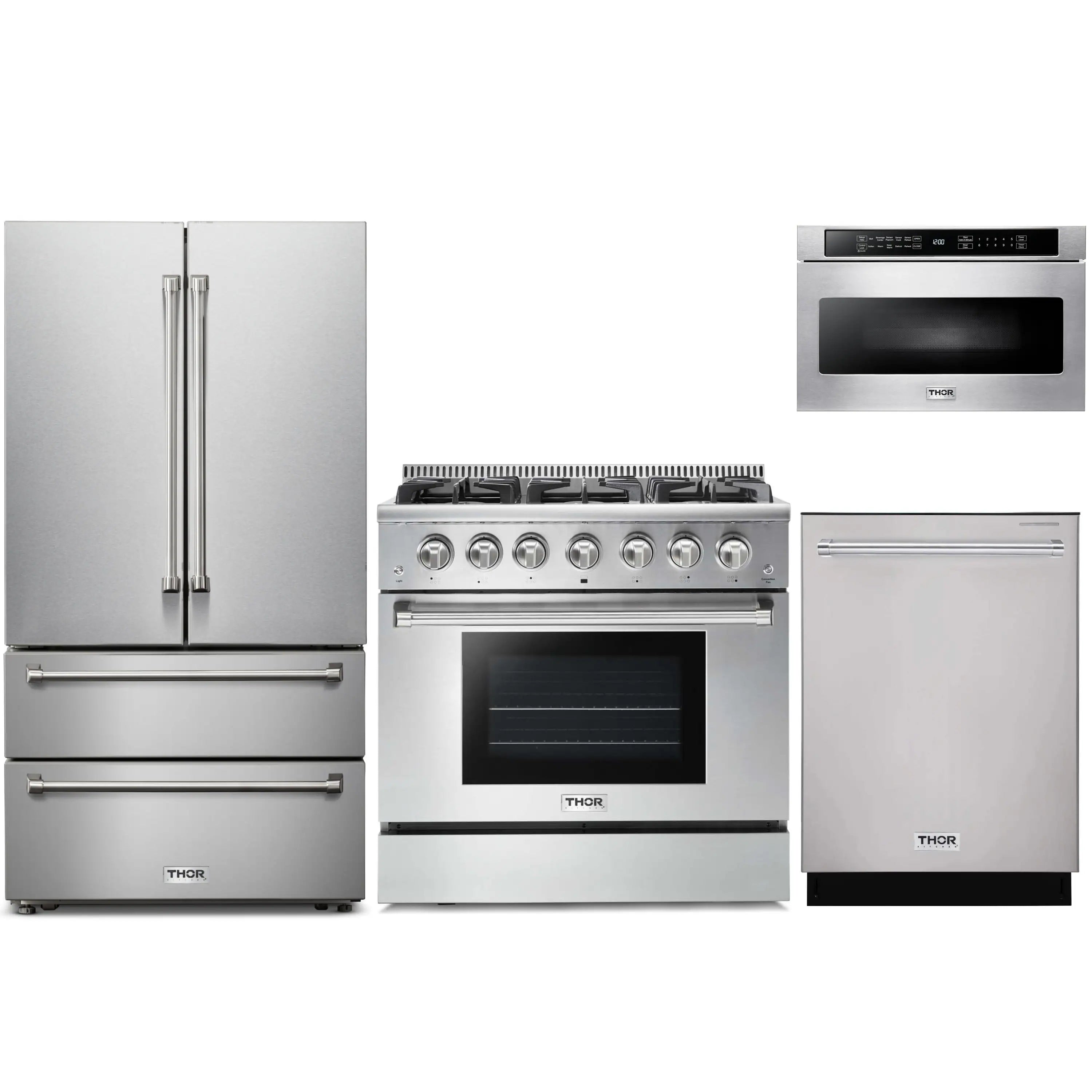 Stainless steel appliance package with refrigerator, gas range, dishwasher, and microwave drawer