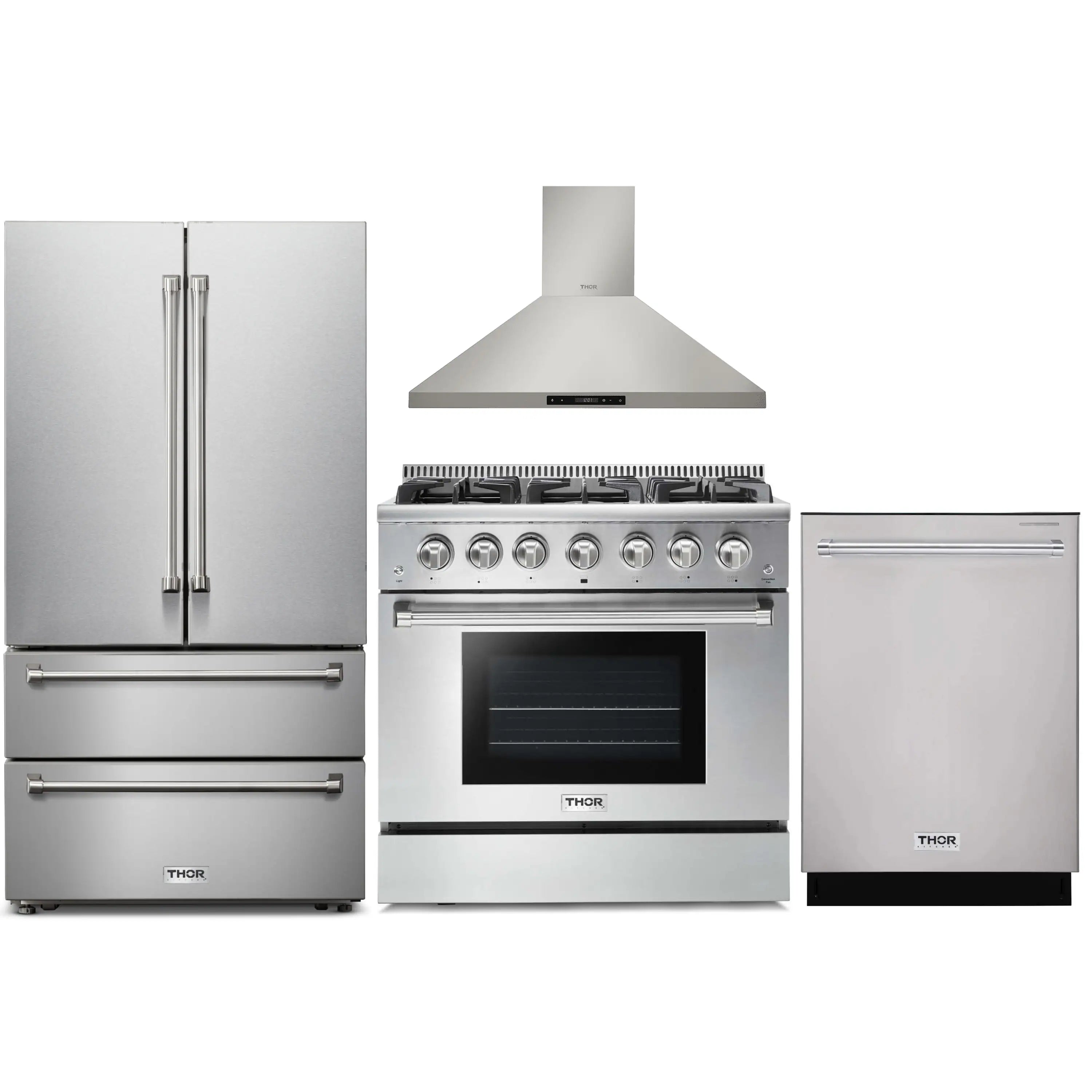 Stainless appliance package: French door refrigerator, gas range, wall hood and dishwasher