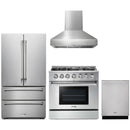 Thor Kitchen 4-Piece Pro Appliance Package - 36-Inch Propane Gas Range, French Door Refrigerator, Pro-Style Wall Mount Hood and Dishwasher in Stainless Steel