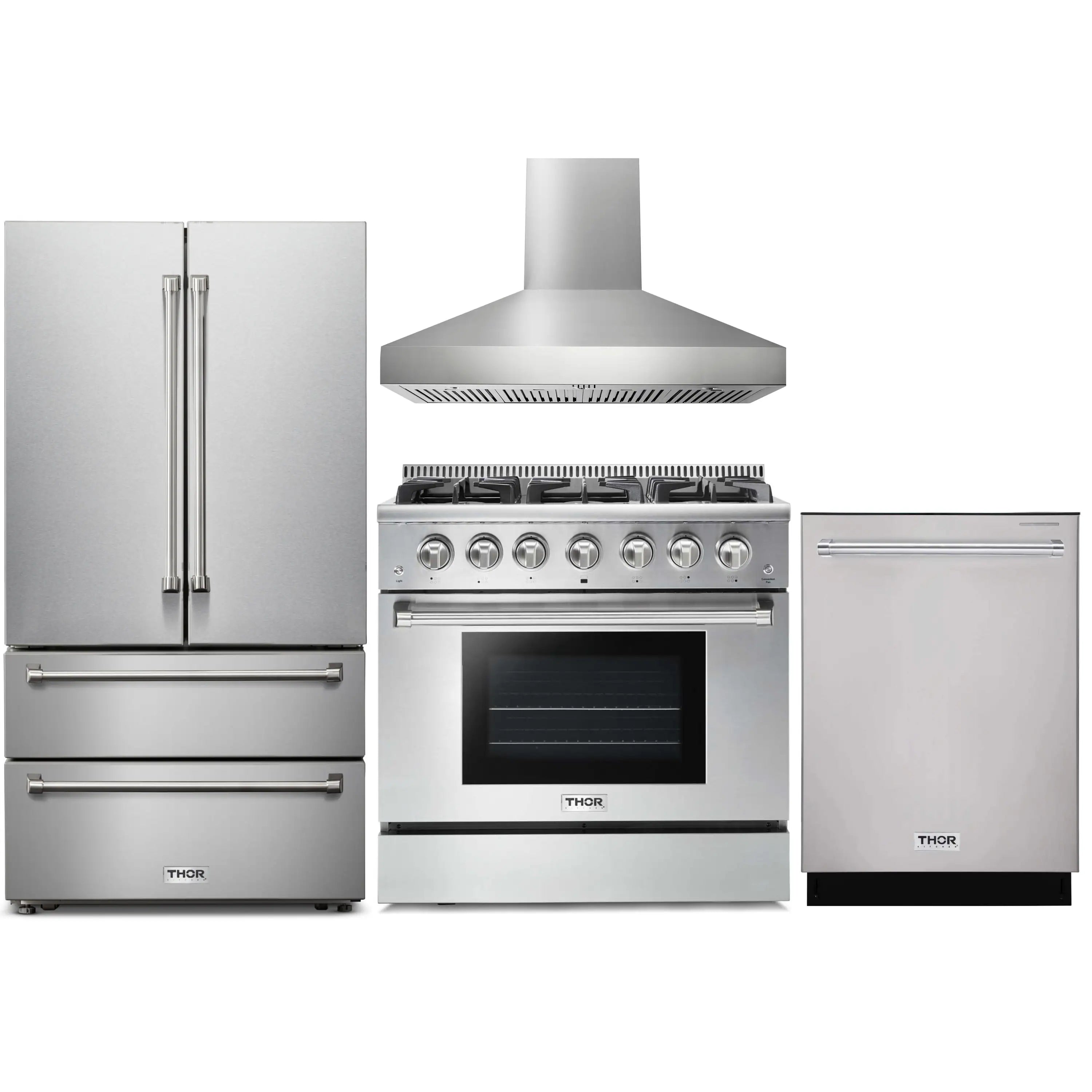 Stainless steel appliance set: French door refrigerator, gas range, hood, dishwasher