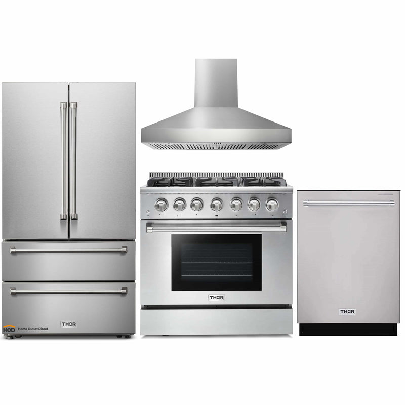 Thor Kitchen 4-Piece Pro Appliance Package - 36-Inch Propane Gas Range, French Door Refrigerator, Pro-Style Wall Mount Hood and Dishwasher in Stainless Steel