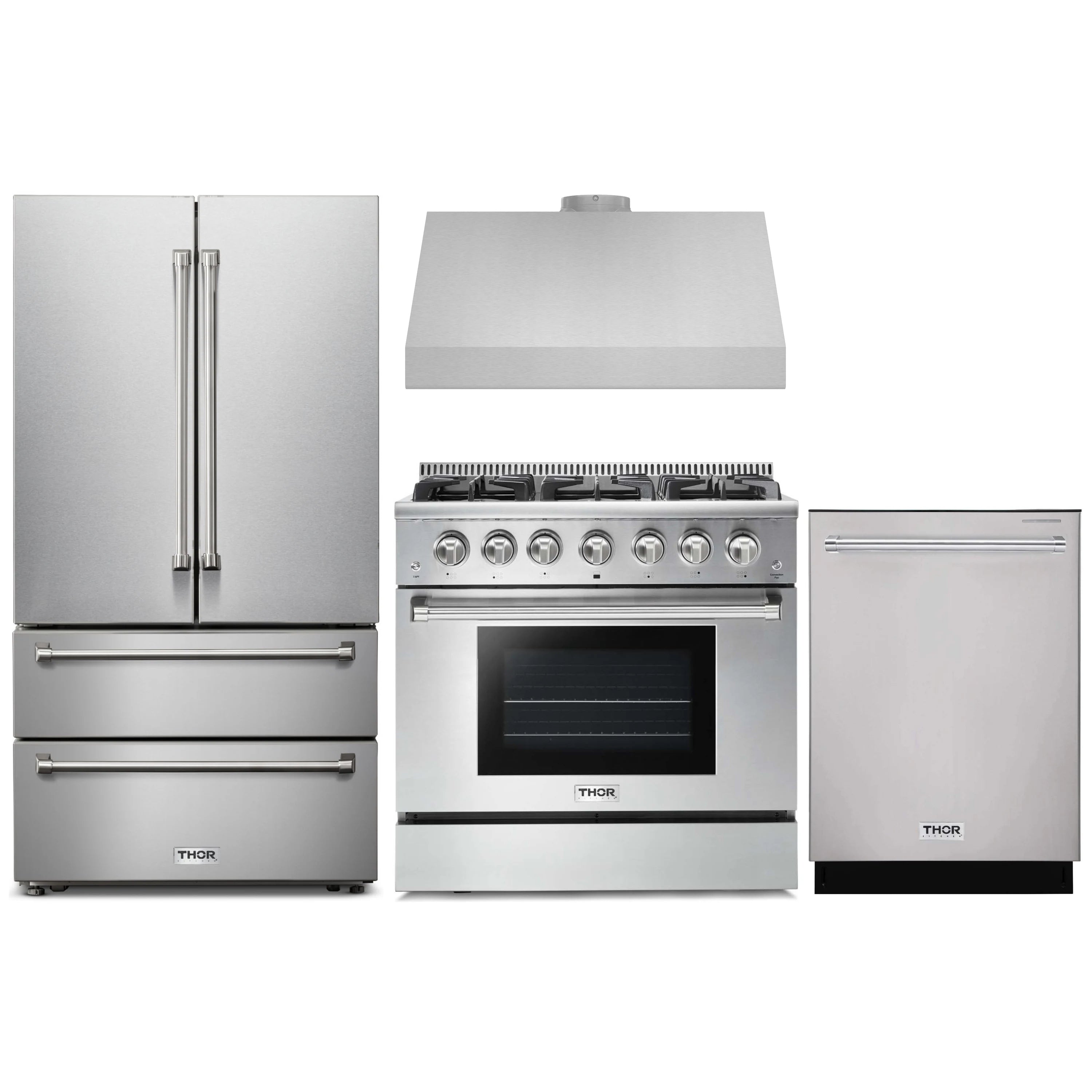 Stainless steel kitchen appliance set: refrigerator, gas range, and dishwasher