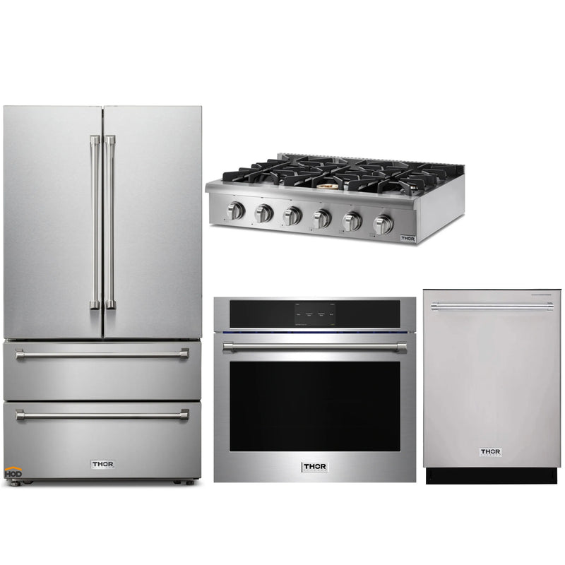 Thor Kitchen 4-Piece Pro Appliance Package - 36-Inch Rangetop, Electric Wall Oven, Dishwasher & Refrigerator in Stainless Steel