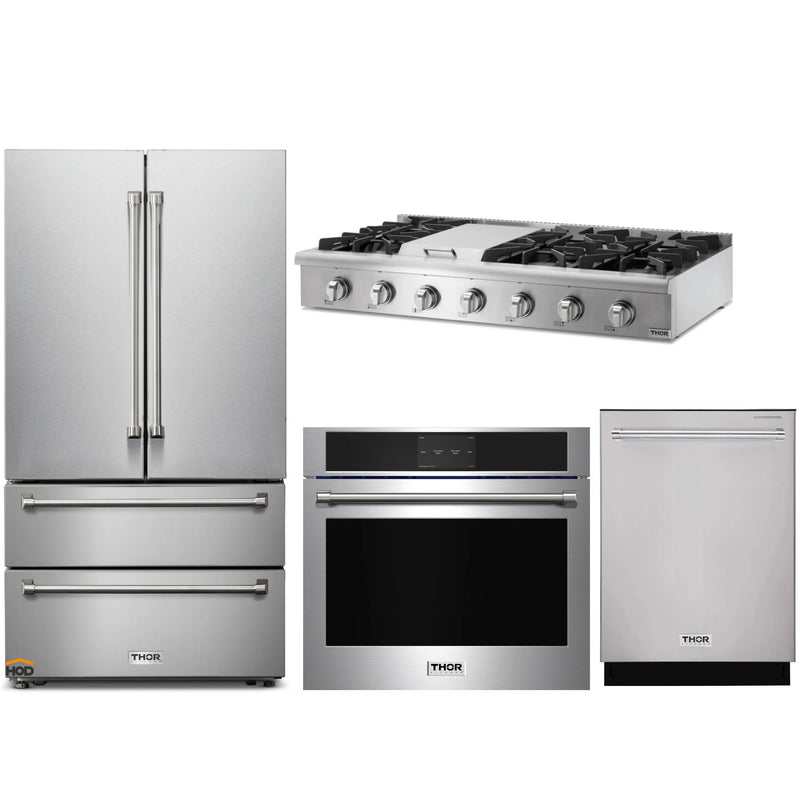 Thor Kitchen 4-Piece Pro Appliance Package - 48-Inch Rangetop, Electric Wall Oven, Dishwasher & Refrigerator in Stainless Steel