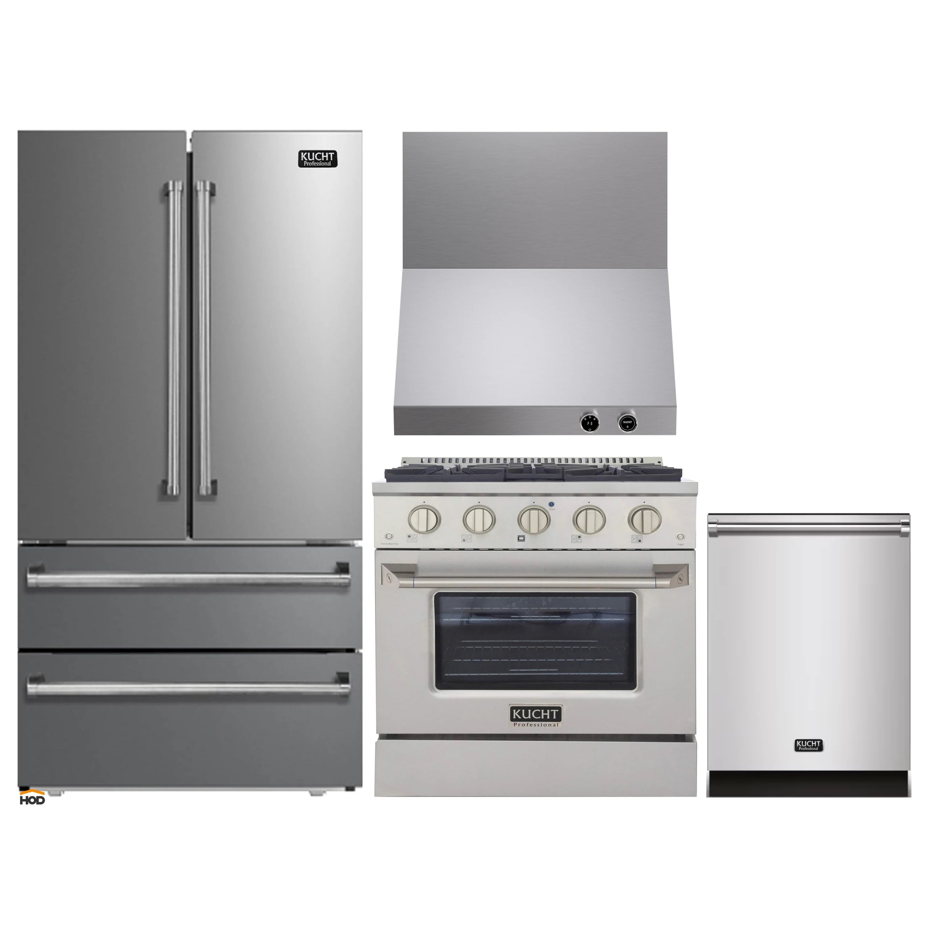 Stainless appliance package with refrigerator, dual fuel range, range hood, and dishwasher