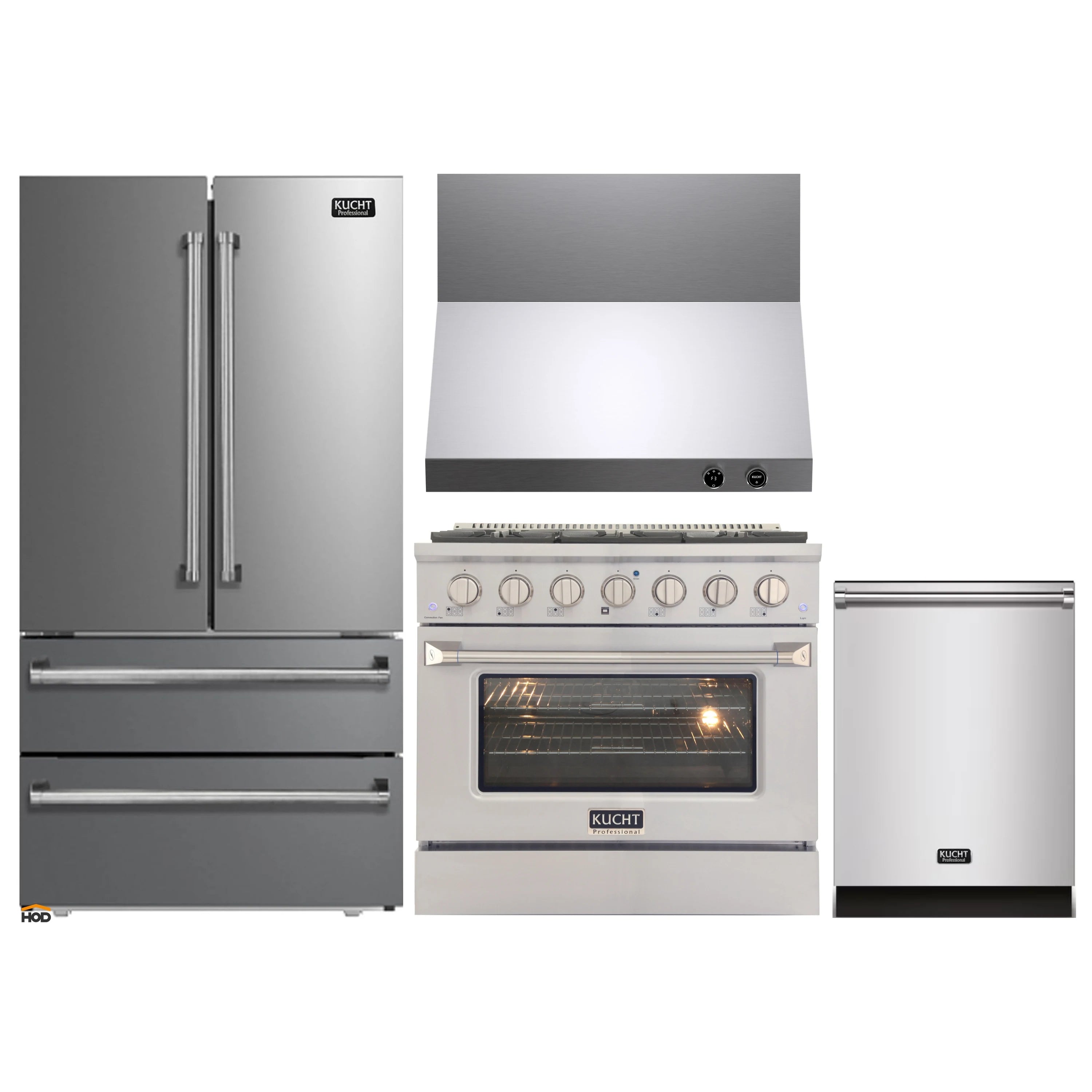 Kucht stainless refrigerator and dual-fuel range combo with oven door and control panel.