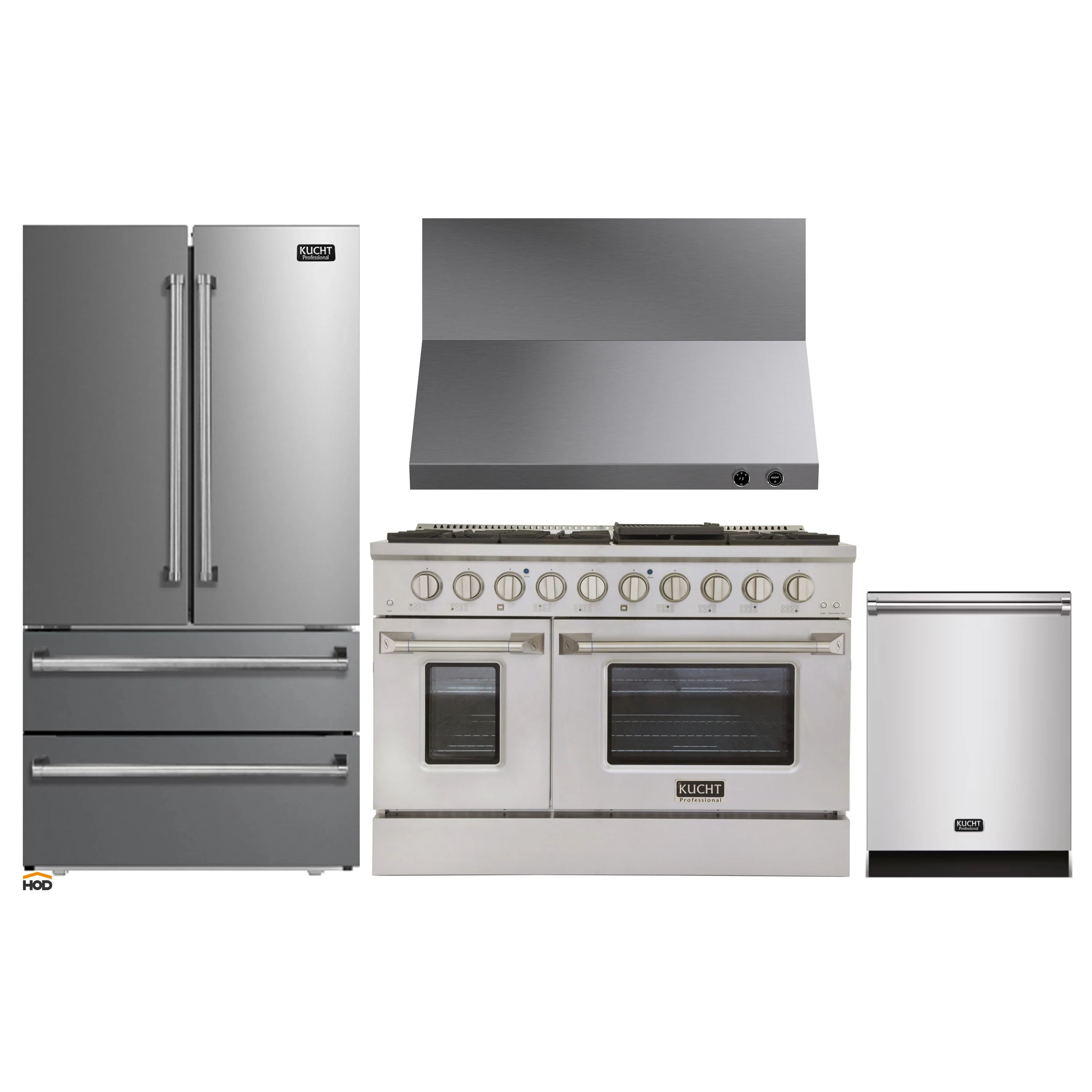 Stainless steel dual fuel range with two ovens and row of burner knobs, side-by-side view