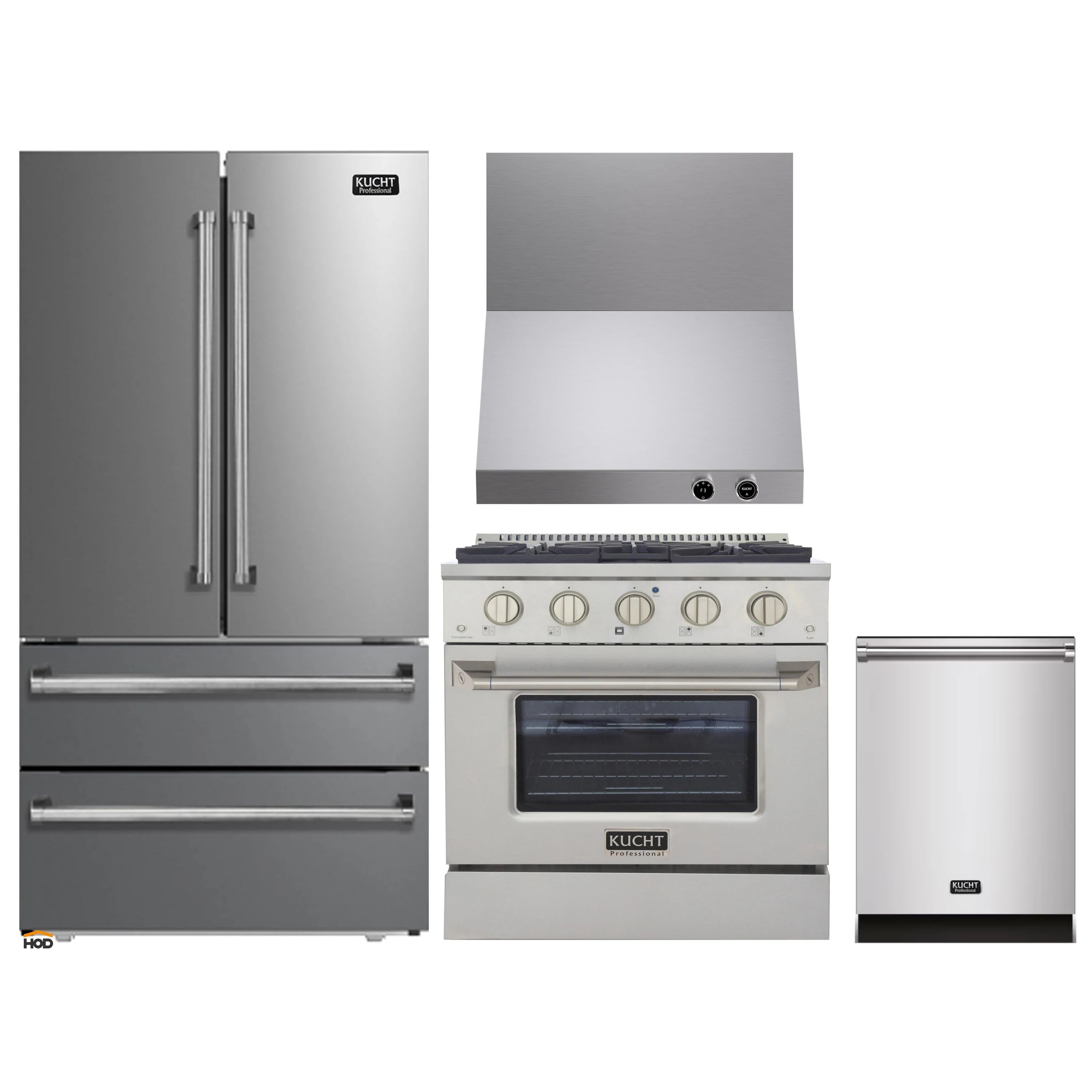 Kucht appliance package: stainless steel refrigerator, range, and wall hood