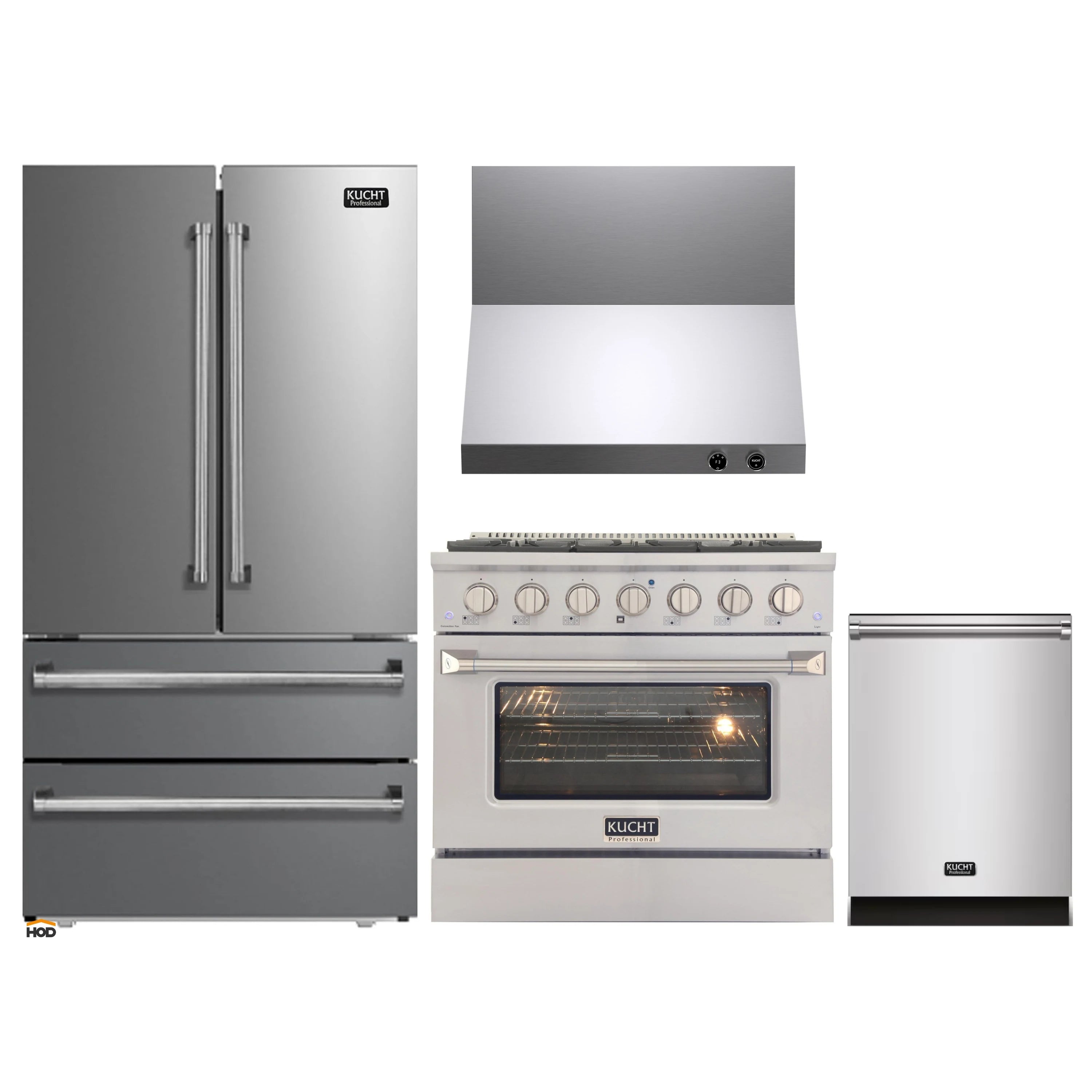 Kucht stainless steel appliance package with refrigerator, gas range, dishwasher, and wall hood