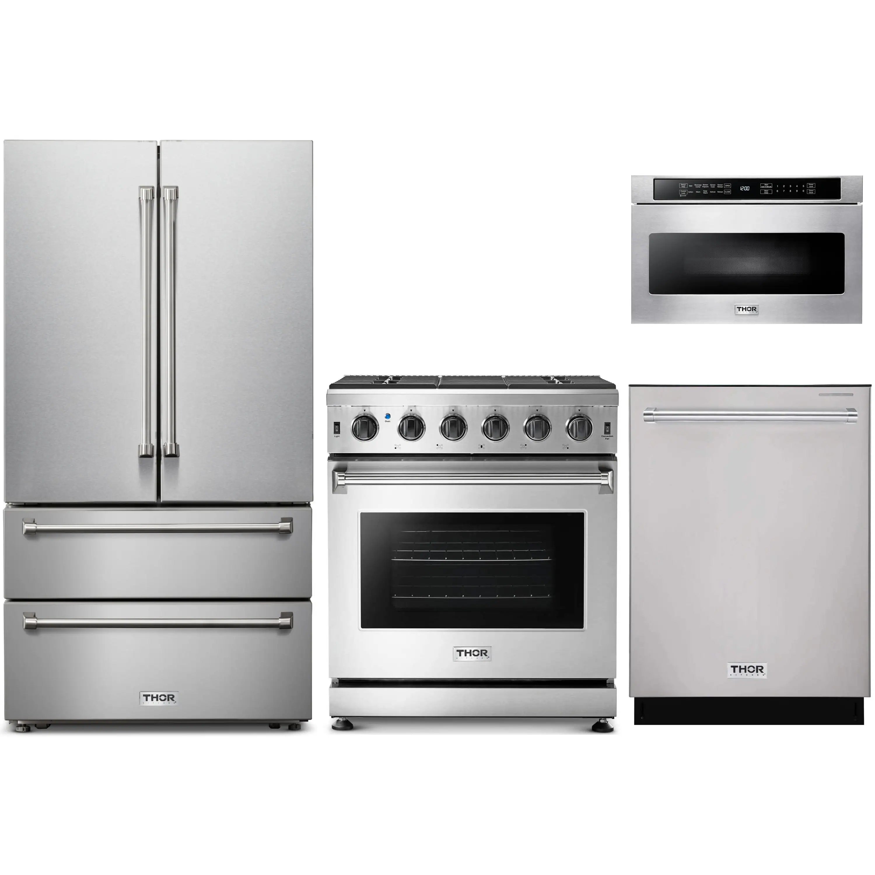 Stainless steel 4-piece appliance set: refrigerator, gas range, dishwasher, microwave drawer