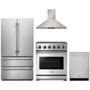 Thor Kitchen 4-Piece Appliance Package - 30-Inch Propane Gas Range, French Door Refrigerator, Wall Mount Hood, and Dishwasher in Stainless Steel