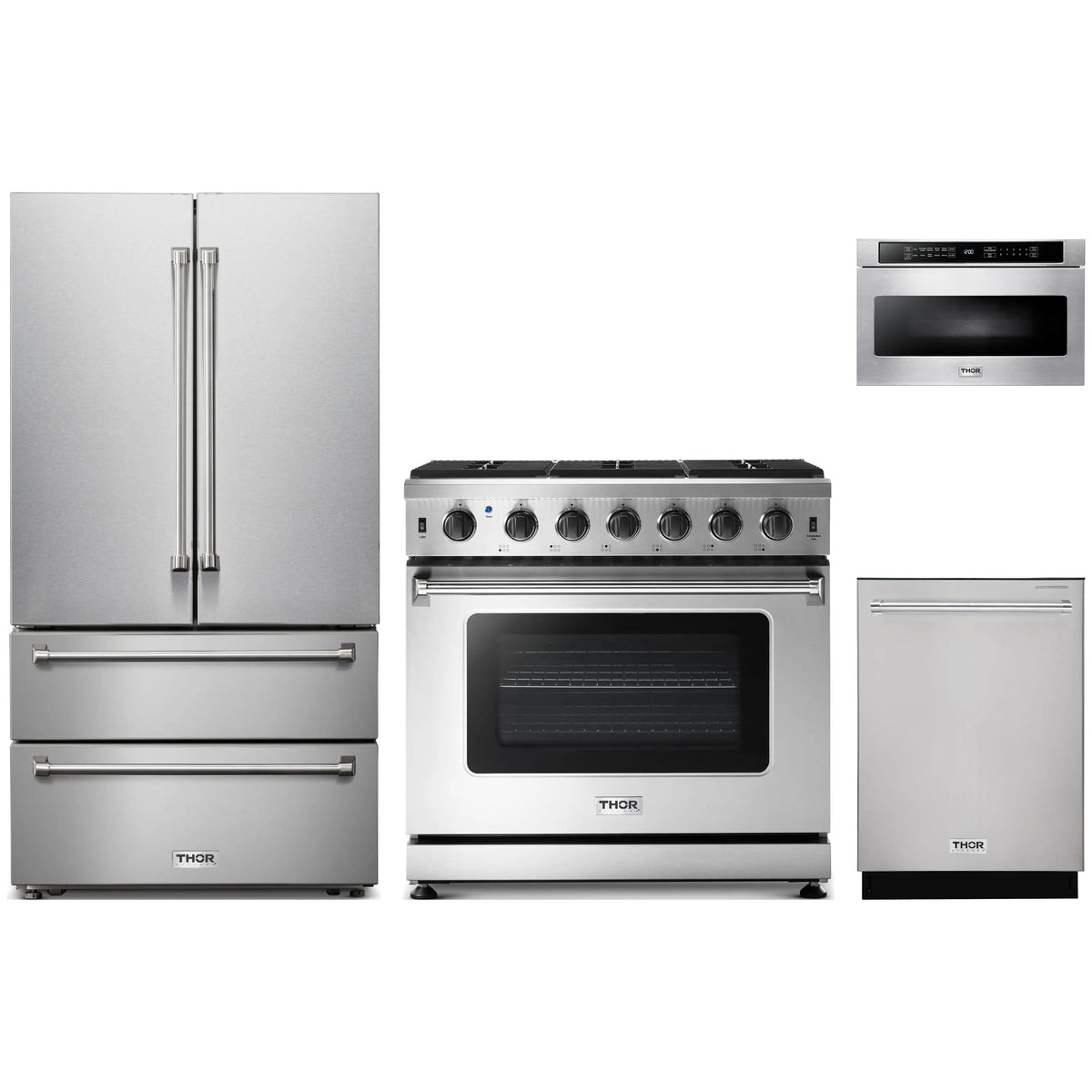 Stainless steel appliance package: French door fridge, gas range, microwave, dishwasher