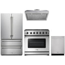 Thor Kitchen 4-Piece Appliance Package - 36-Inch Propane Gas Range, French Door Refrigerator, Under Cabinet Hood and Dishwasher in Stainless Steel