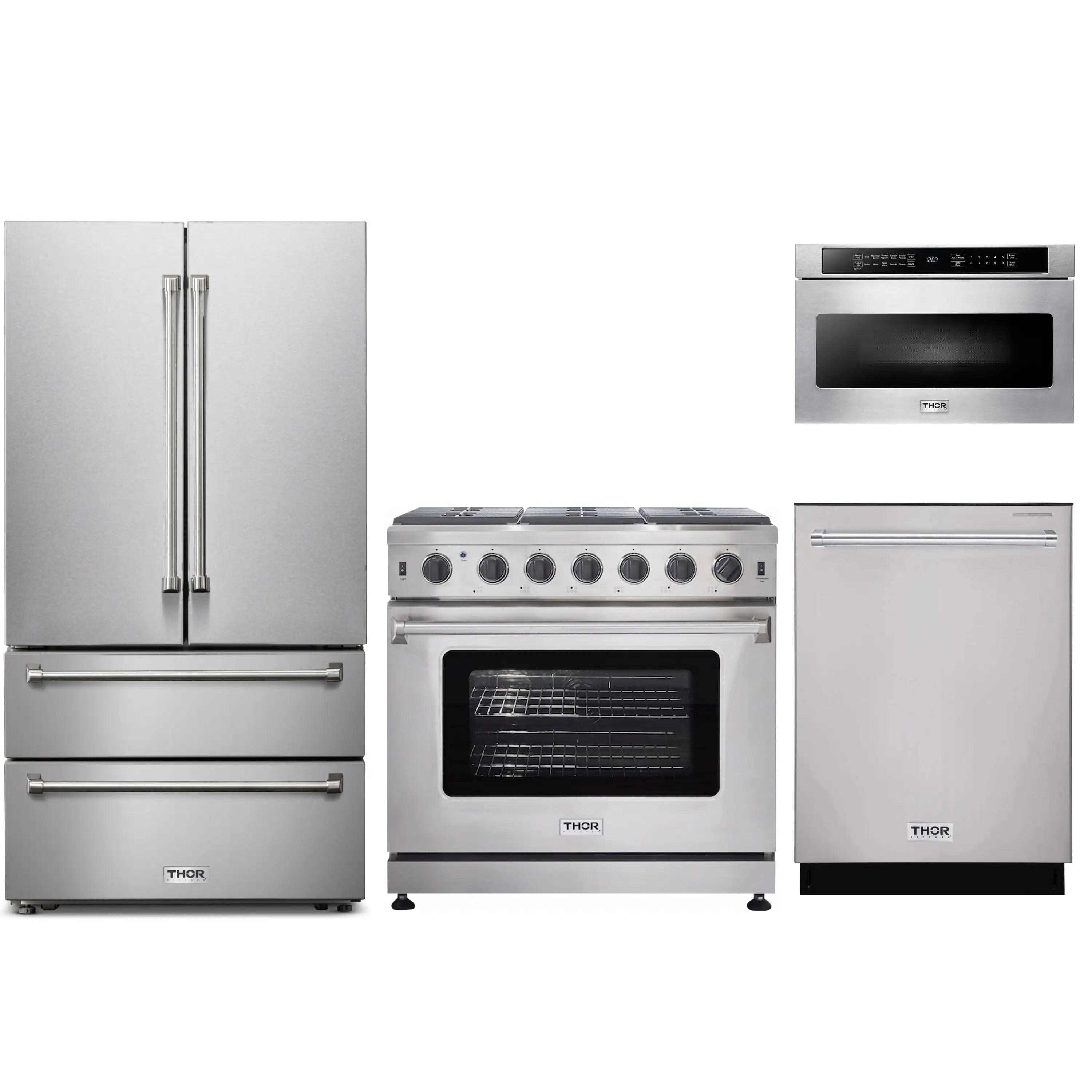Stainless appliance package: French-door refrigerator, gas range, dishwasher, and microwave drawer.
