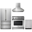 Thor Kitchen 4-Piece Appliance Package - 36-Inch Propane Gas Range, French Door Refrigerator, Pro-Style Wall Mount Hood, and Dishwasher in Stainless Steel