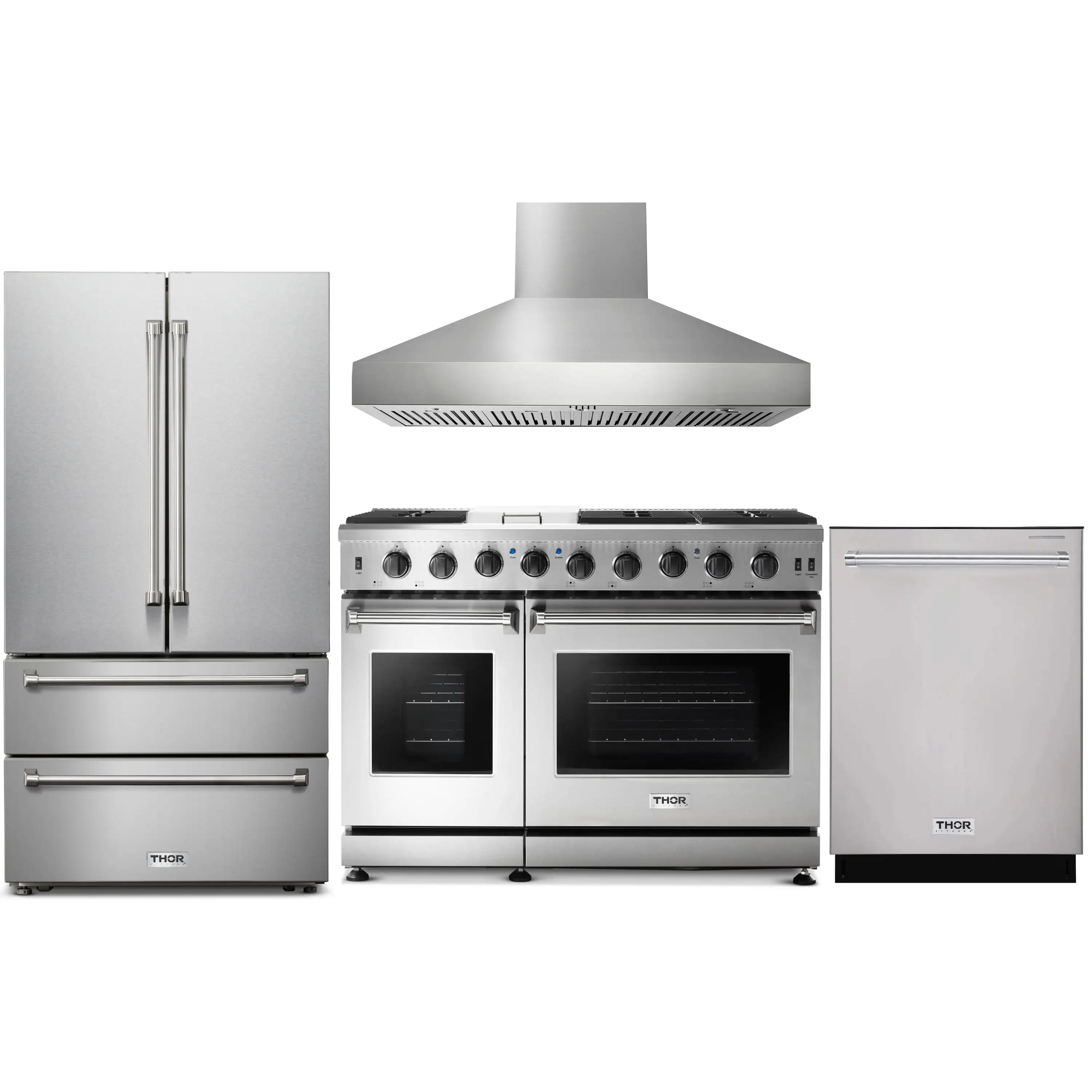 Stainless steel kitchen appliance set with range, wall hood, French door refrigerator, and dishwasher