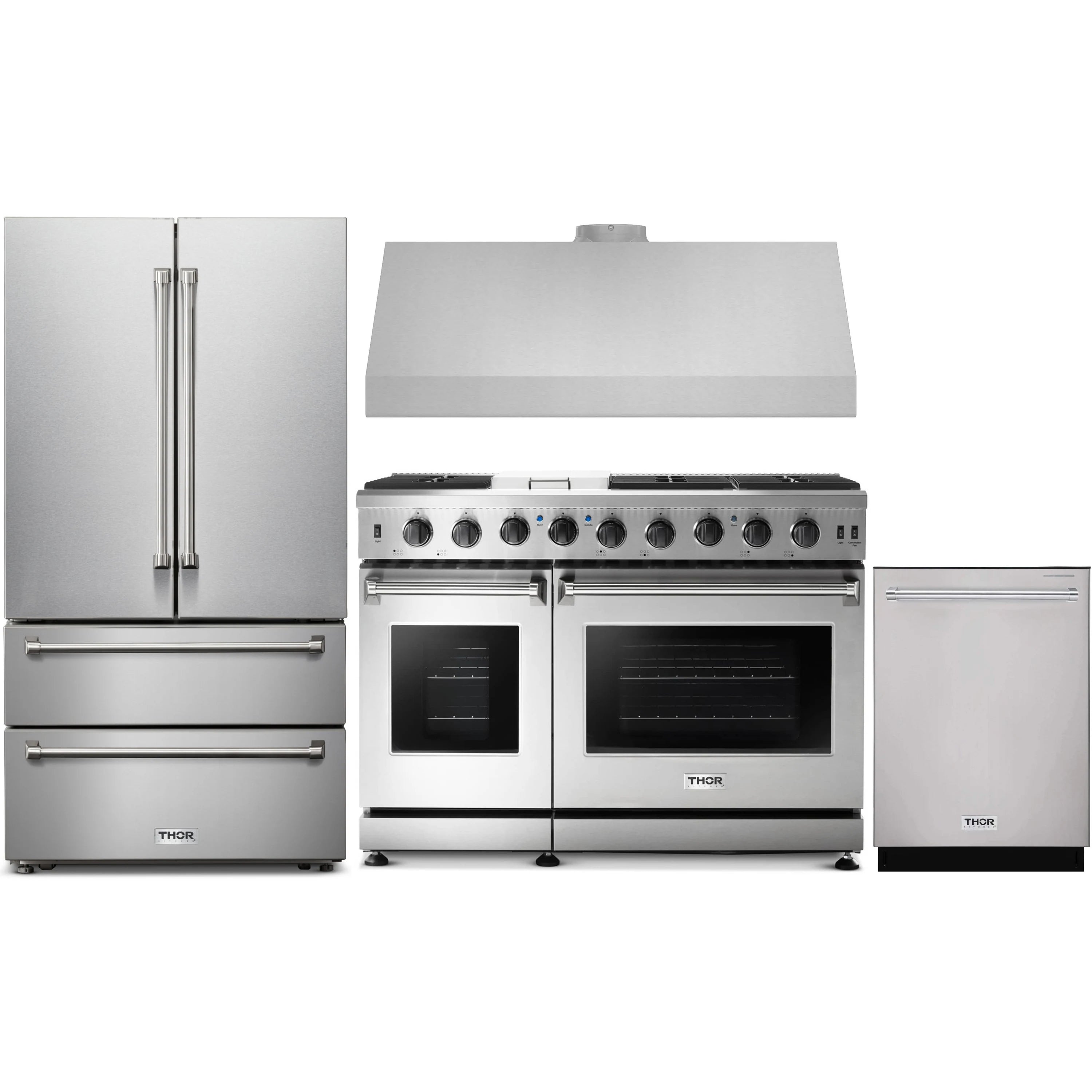 Stainless steel kitchen appliance set with gas range, refrigerator, dishwasher, and hood