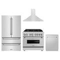 ZLINE 4-Piece Appliance Package - 36-Inch Dual Fuel Range, Refrigerator, Convertible Wall Mount Hood, and 3-Rack Dishwasher in Stainless Steel (4KPR-RARH36-DWV)
