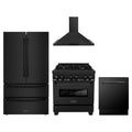 ZLINE 4-Piece Appliance Package - 30-Inch Dual Fuel Range with Brass Burners, Refrigerator, Convertible Wall Mount Hood, and 3-Rack Dishwasher in Black Stainless Steel