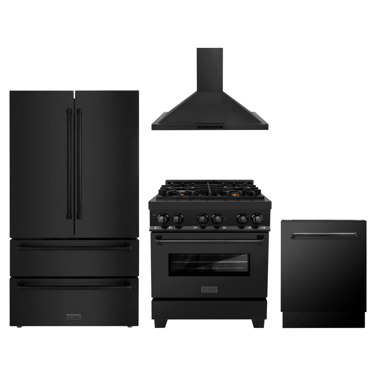 ZLINE 4-Piece Appliance Package - 30-Inch Dual Fuel Range with Brass Burners, Refrigerator, Convertible Wall Mount Hood, and 3-Rack Dishwasher in Black Stainless Steel