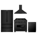 ZLINE 4-Piece Appliance Package - 36-Inch Dual Fuel Range with Brass Burners, Refrigerator, Convertible Wall Mount Hood, and 3-Rack Dishwasher in Black Stainless Steel