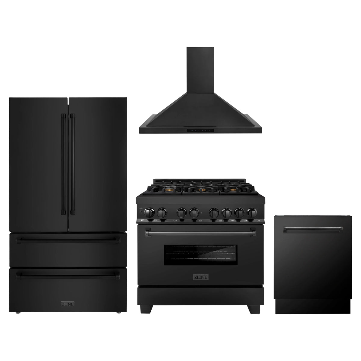 ZLINE 4-Piece Appliance Package - 36-Inch Dual Fuel Range with Brass Burners, Refrigerator, Convertible Wall Mount Hood, and 3-Rack Dishwasher in Black Stainless Steel (4KPR-RABRH36-DWV)