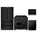 ZLINE 4-Piece Appliance Package - 36-Inch Dual Fuel Range with Brass Burners, Refrigerator, Microwave Oven, and 3-Rack Dishwasher in Black Stainless Steel