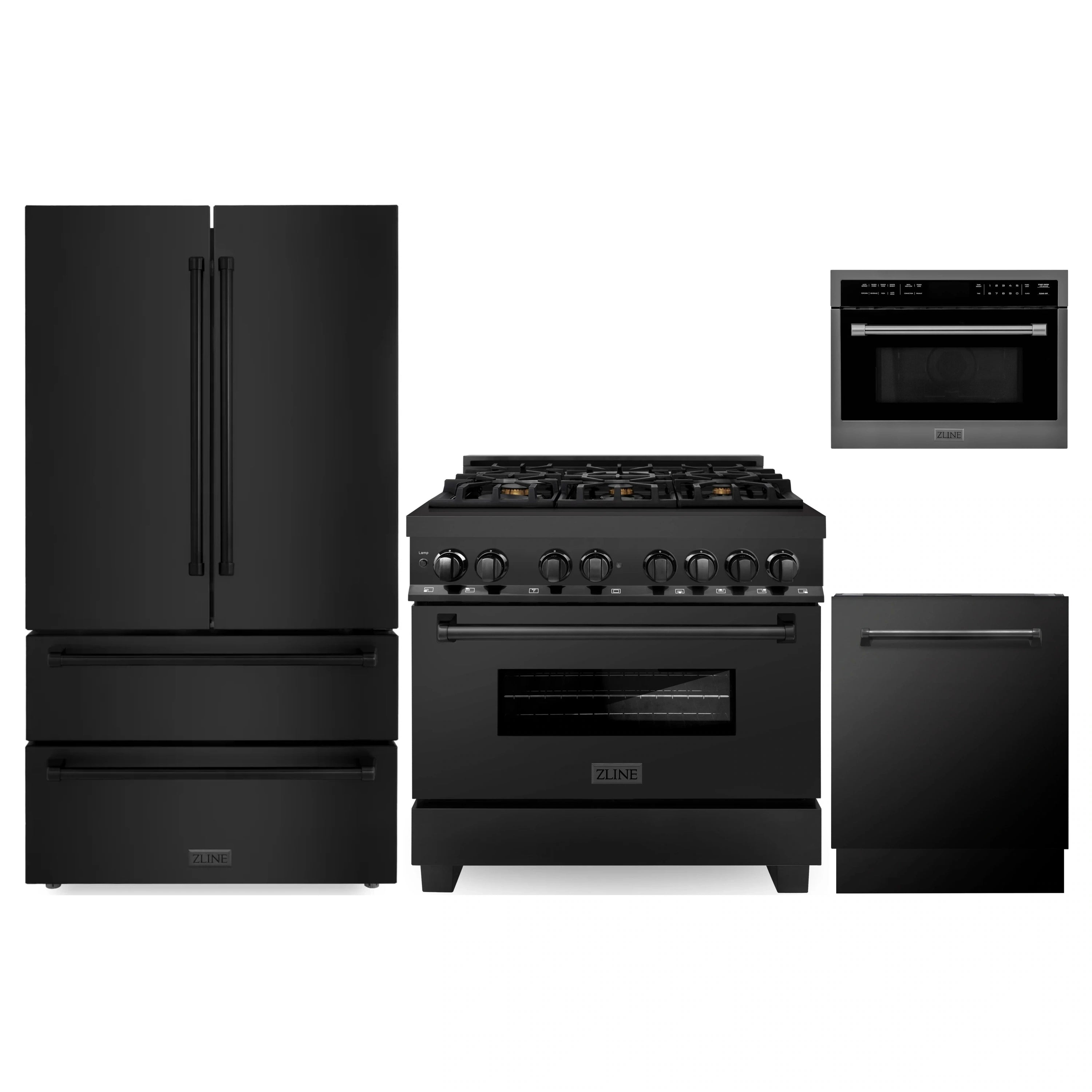 Black stainless steel appliance package: fridge, range, microwave, dishwasher
